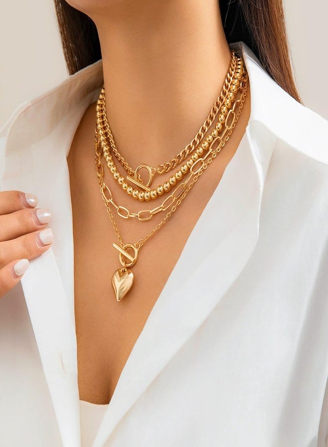 Eason1874 Gold Layered Necklaces for Women Chunky Choker necklace with Trendy Retro Coin Layered Cuban Paperclip Snake Chain Necklace (Gold heart) - Image 3